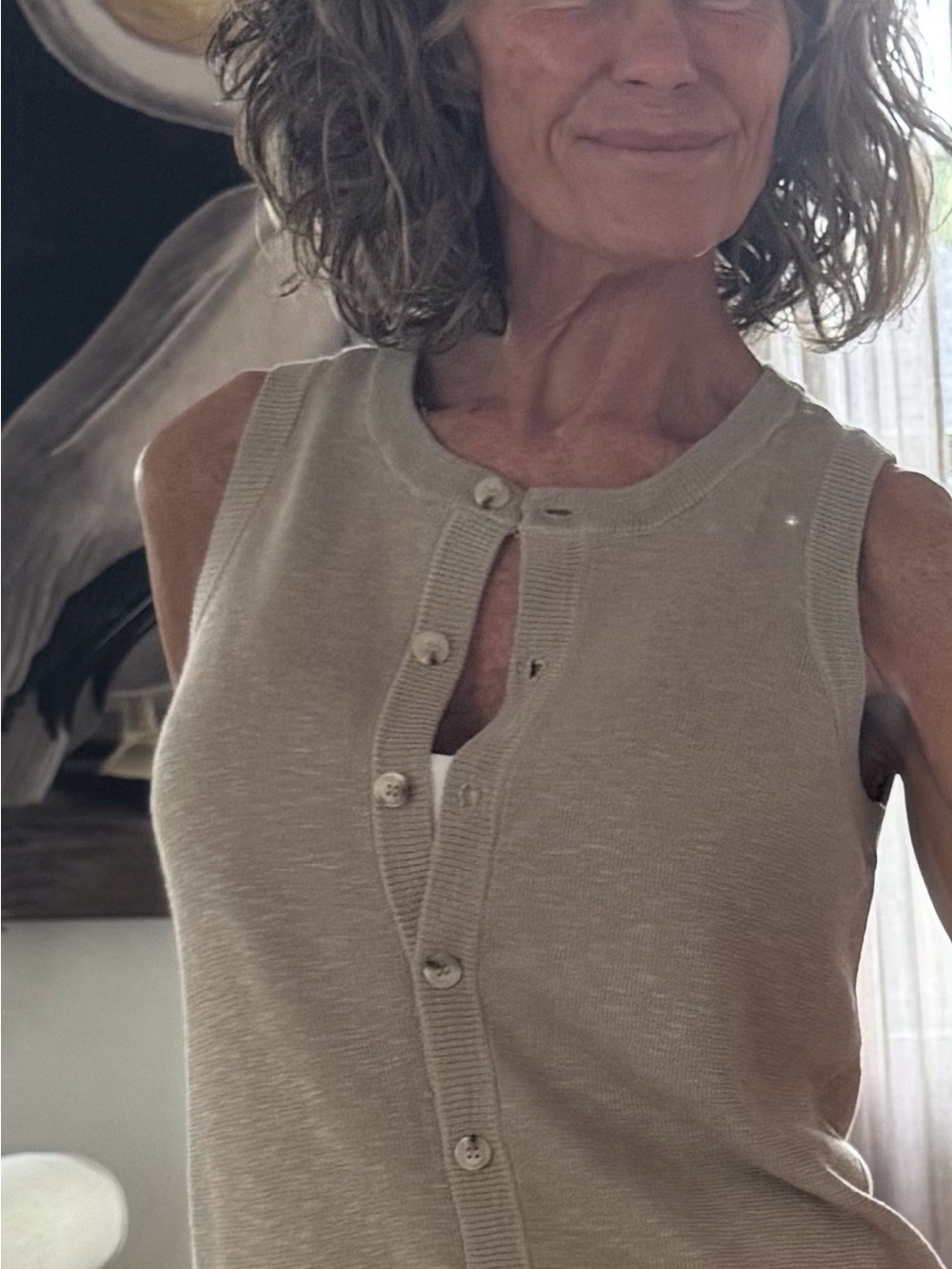 Cyrus Sleeveless Button-Front Knit Top in Beige